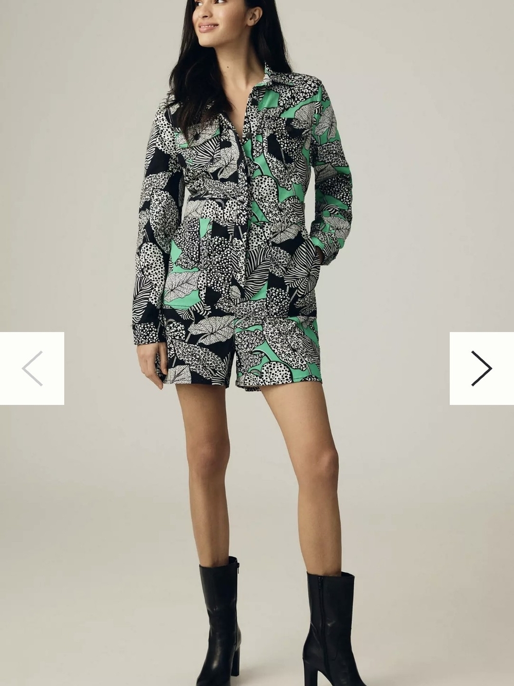NWOT Farm Rio Black & Green Print Denim Romper Long-Sleeve Pockets